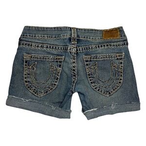 Vintage 90s True Religion Blue Denim Jean Shorts Size 30 Bobby Super T Raw Hem